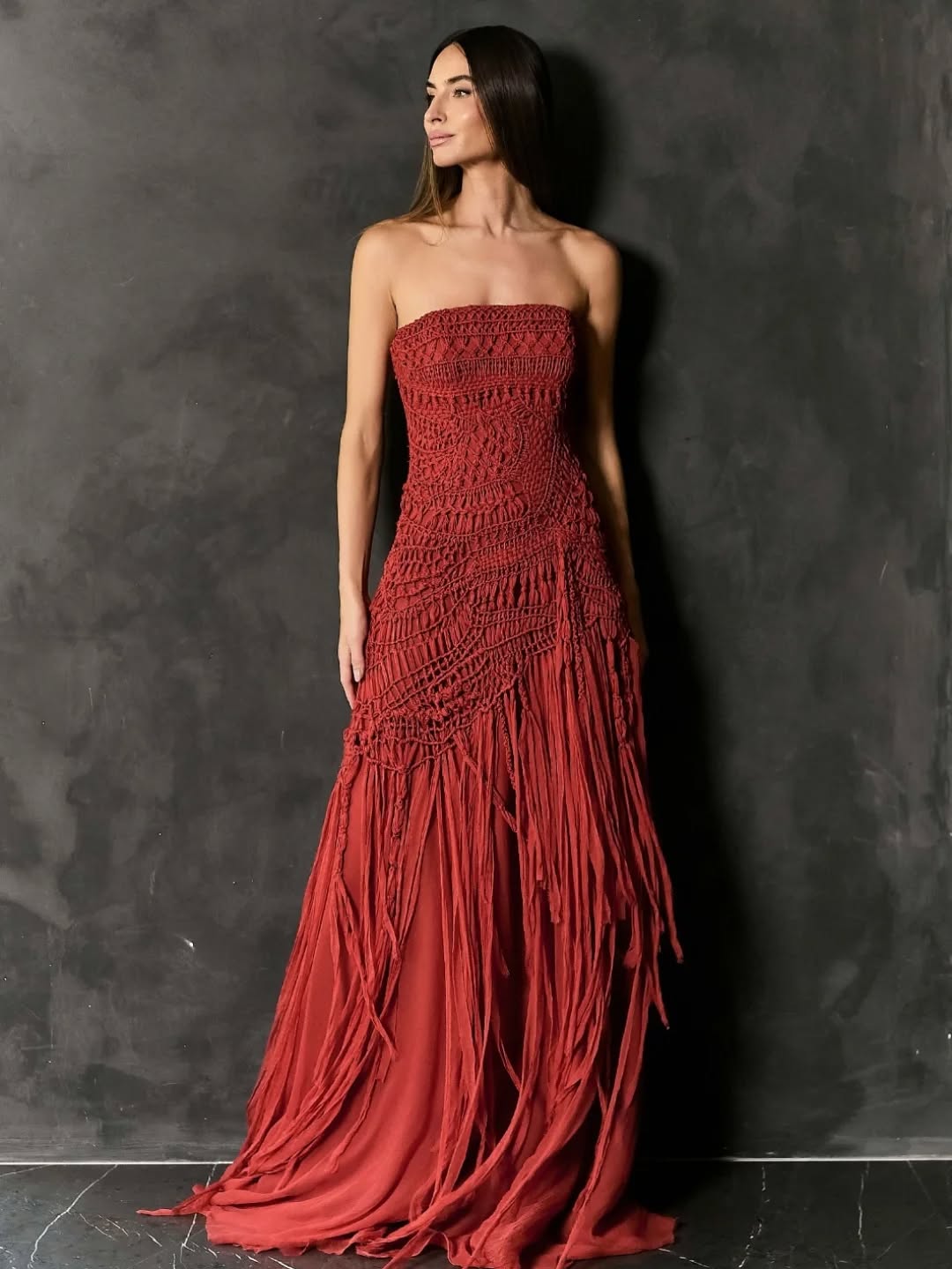 Vestido Macramê Franja Tiras Seda