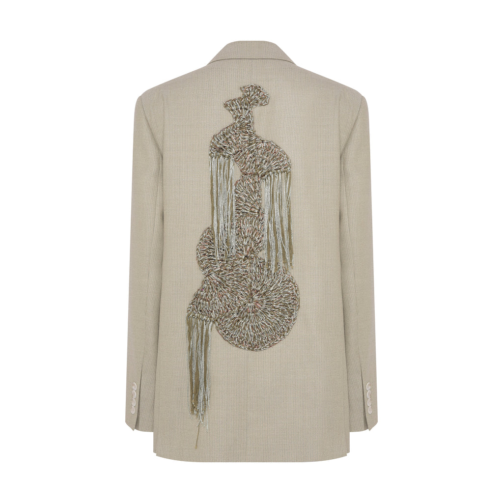 Oversized Wool Blazer with Crocheted Back Embroidery