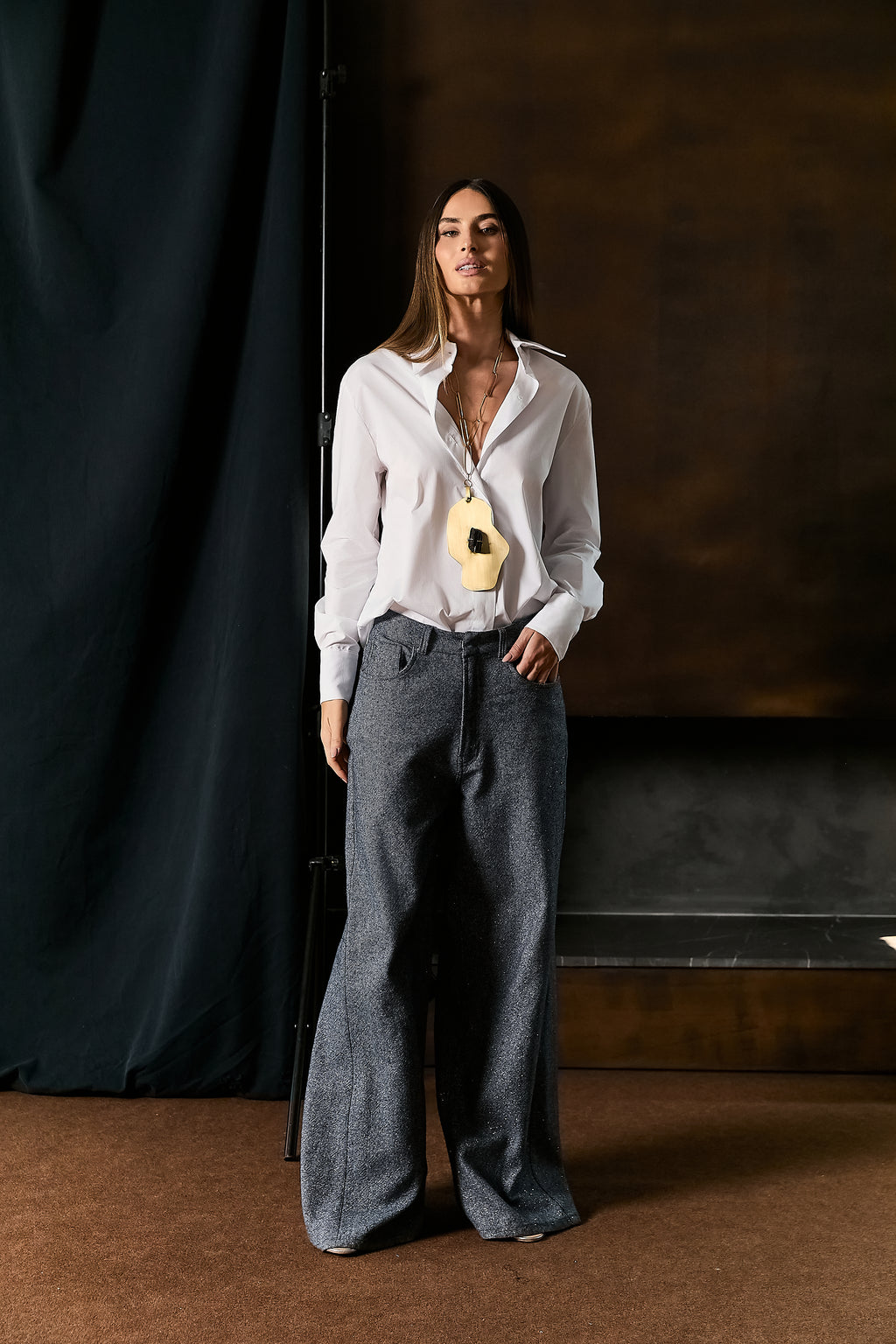 Calça Wide Leg Jeans Com Brilho