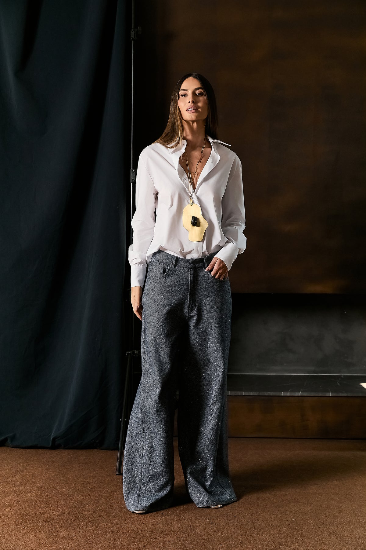 Calça Wide Leg Jeans Com Brilho