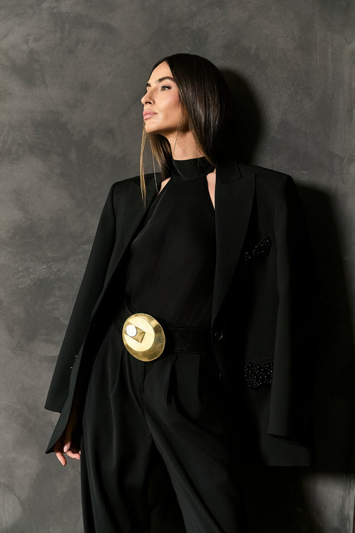 Blazer  Alfaiataria Listrada Bordado Pérolas