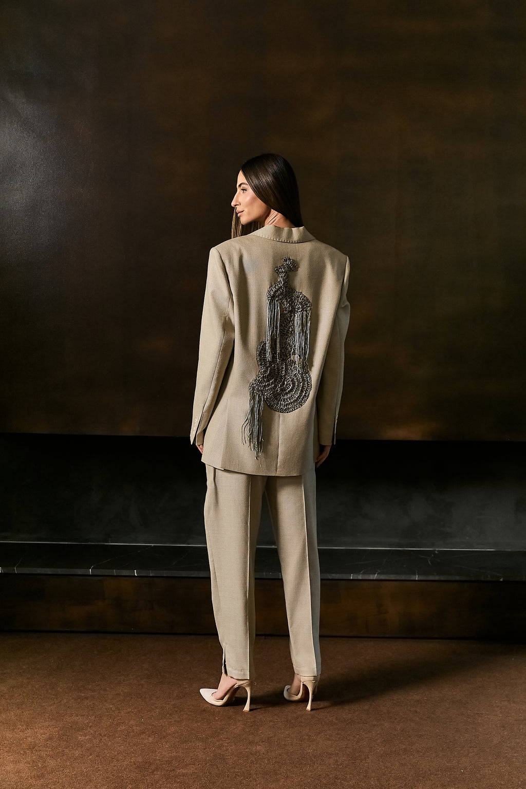 Oversized Wool Blazer with Crocheted Back Embroidery