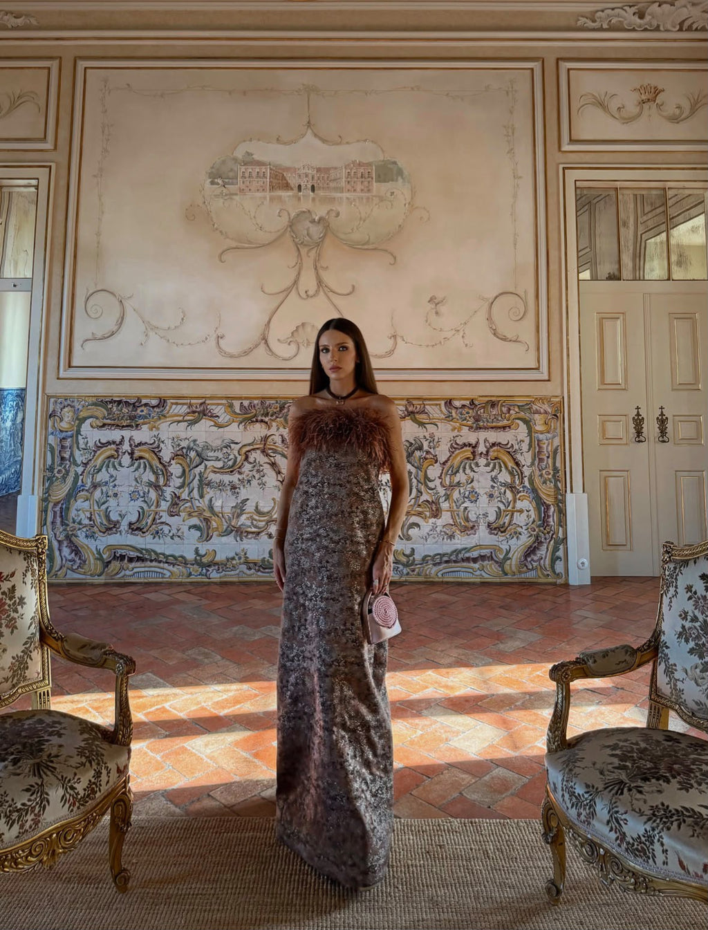 JACQUARD FEATHER STRAIGHT LONG DRESS