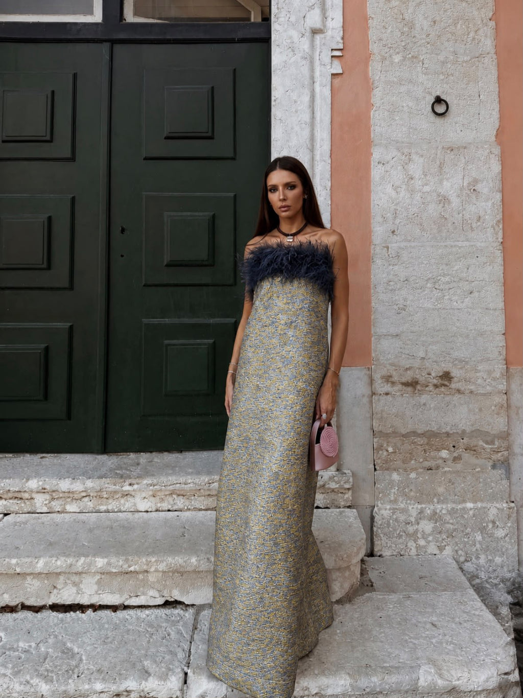 JACQUARD FEATHER STRAIGHT LONG DRESS